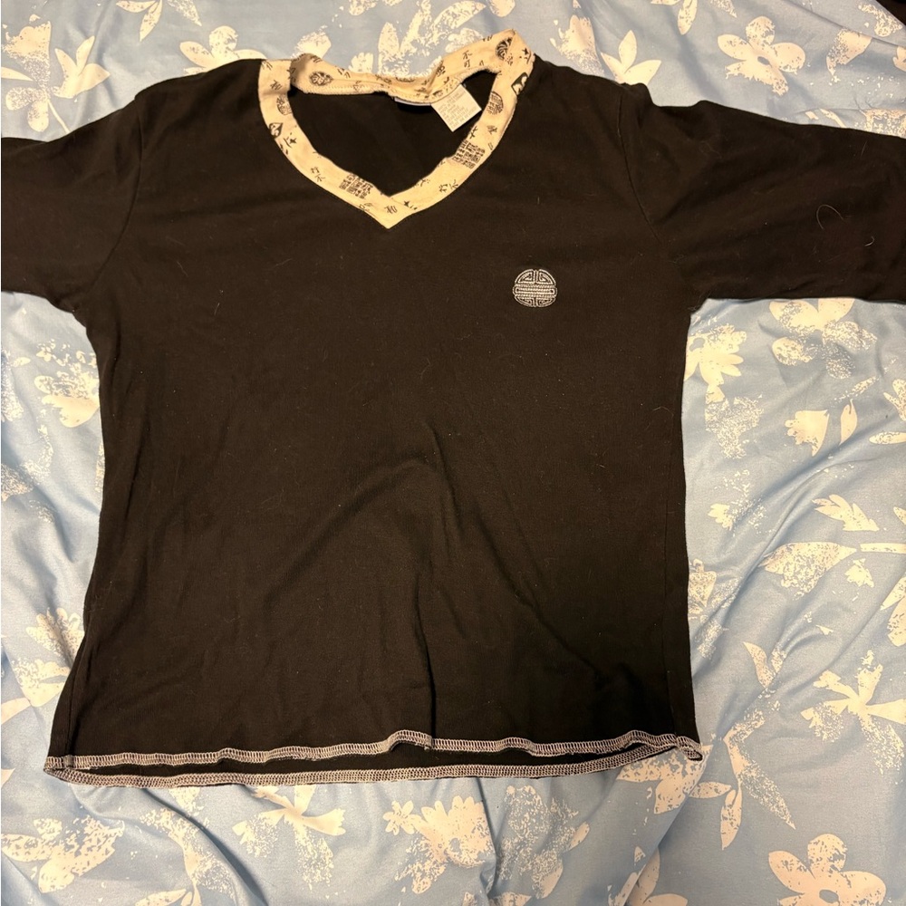 Black Top with Beige Patterned Trim